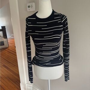 Autumn Cashmere Black & White Striped Long-Sleeve Ribbed Top